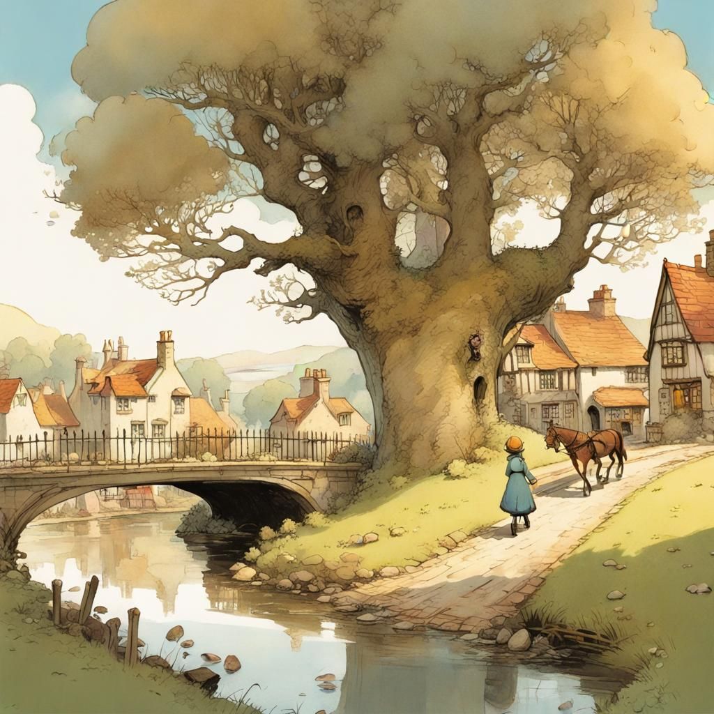 Enchanting Countryside Scene with River, Bridge, and Whimsic...