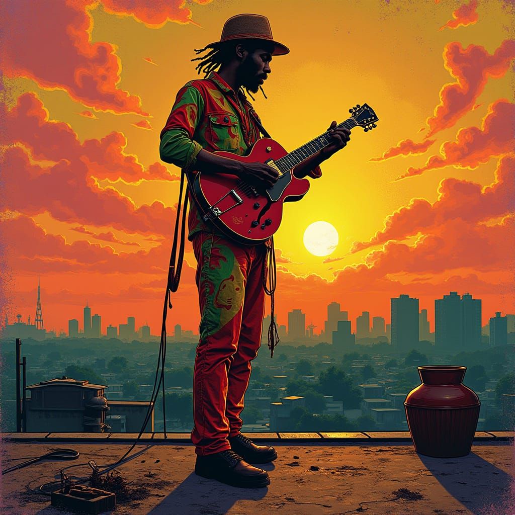 Reggae Singer on Rooftop with Psychedelic Typography