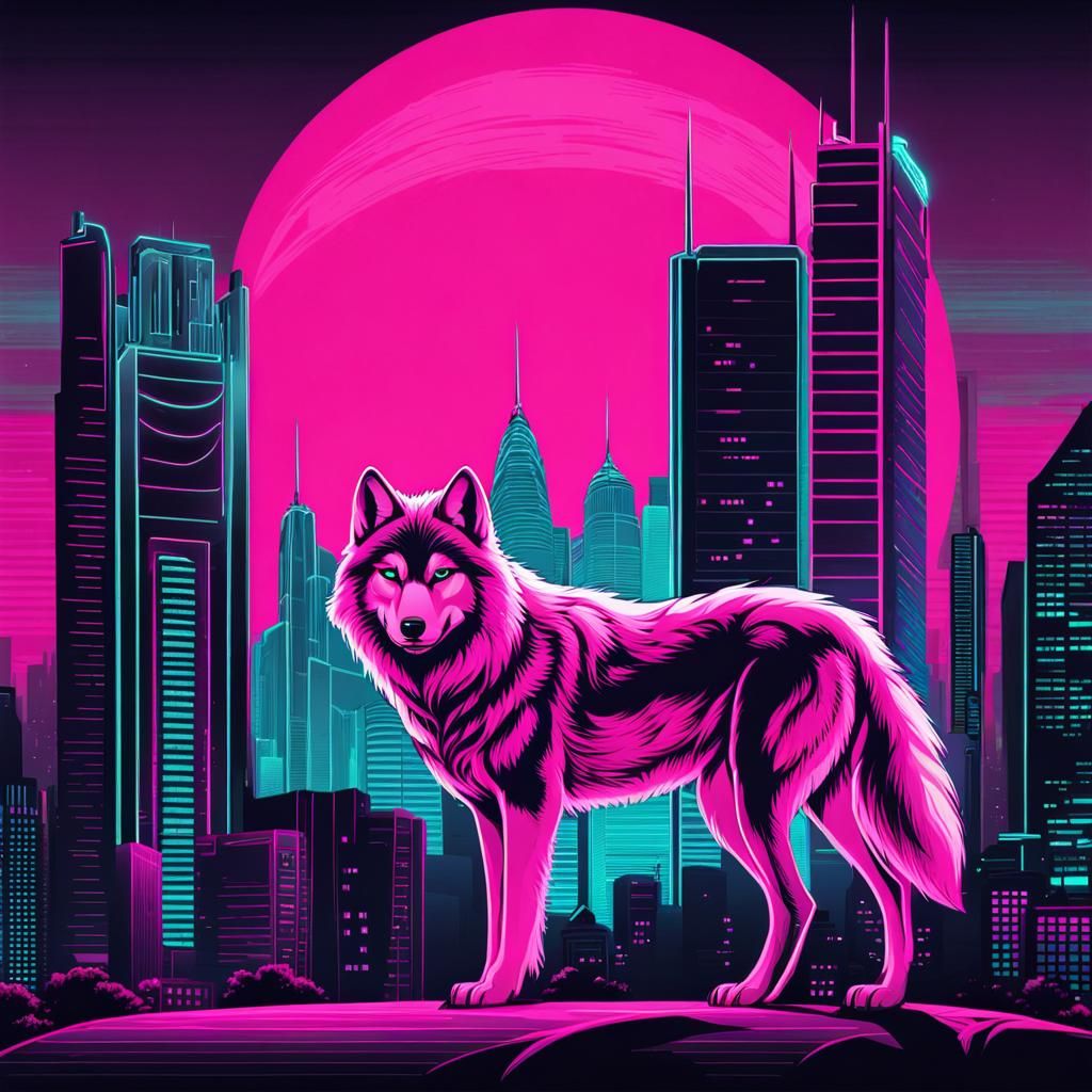 Wolf Under the Synthwave Noir Sky