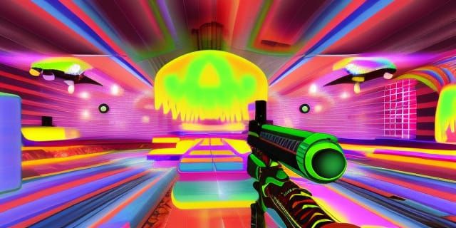 Trippy First Person Shooter Under Neon Psychedelic Glow