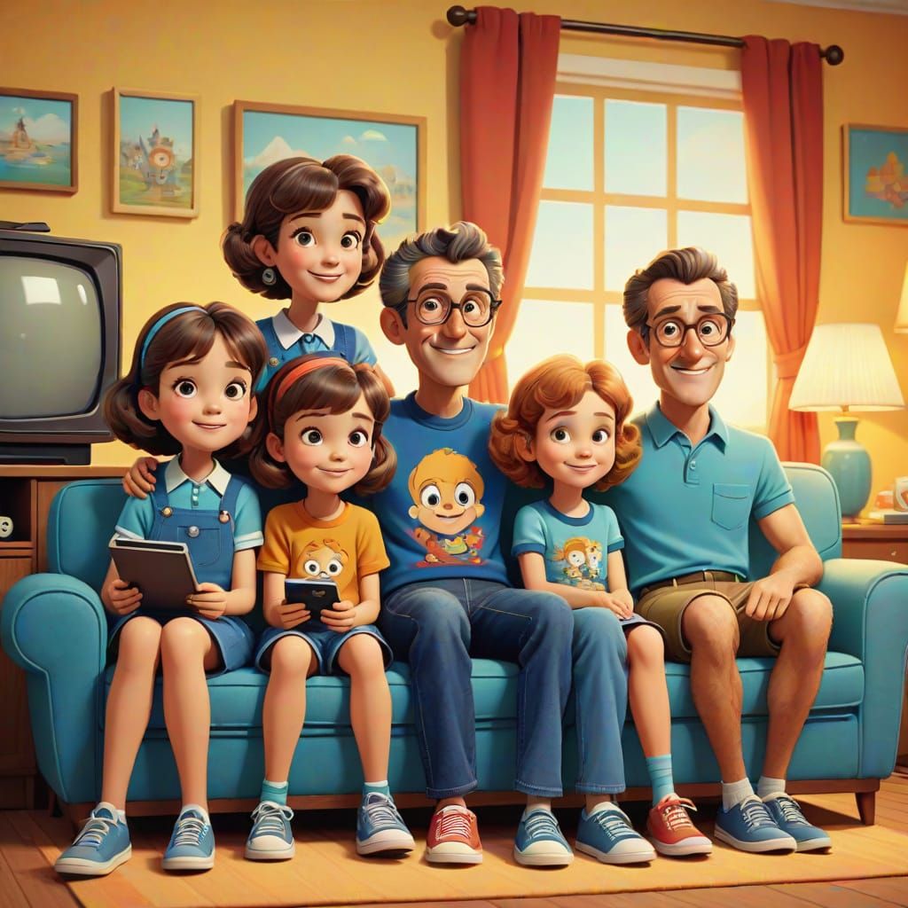 Nostalgic Family Scene in Retro Cartoon Style