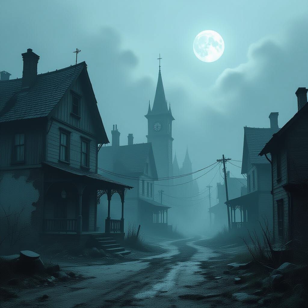 Eerie Abandoned Town in Supernatural Fog