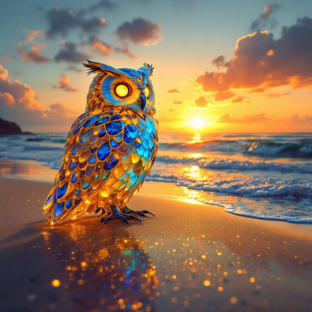 Liquid Gold Owl on Sun-Drenched Beach at Golden Hour