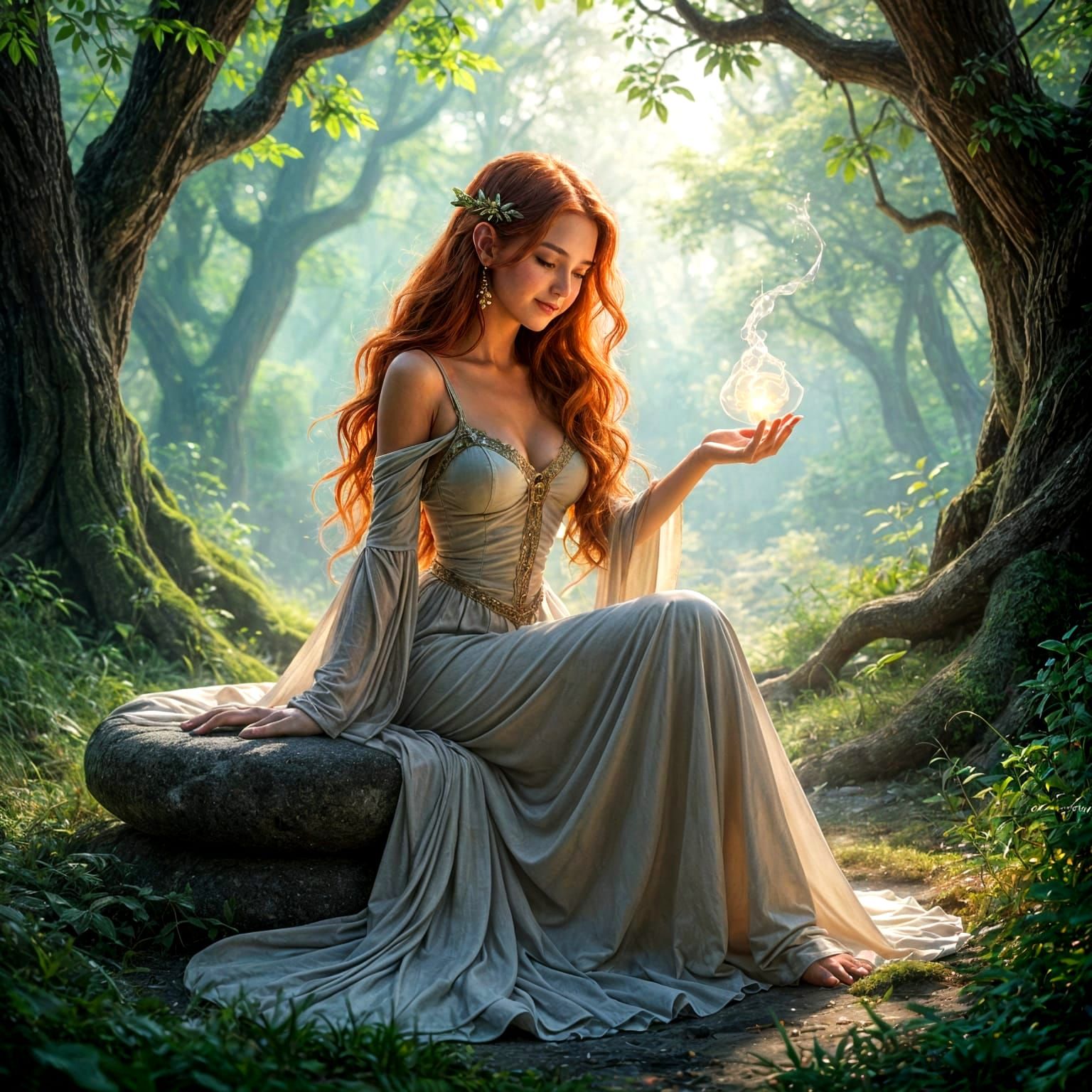 Ethereal Elf Lady Performing Magic in Misty Forest