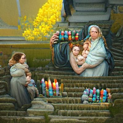 Mother Holds Holy Infant on Temple Steps in Vibrant Renaissa...