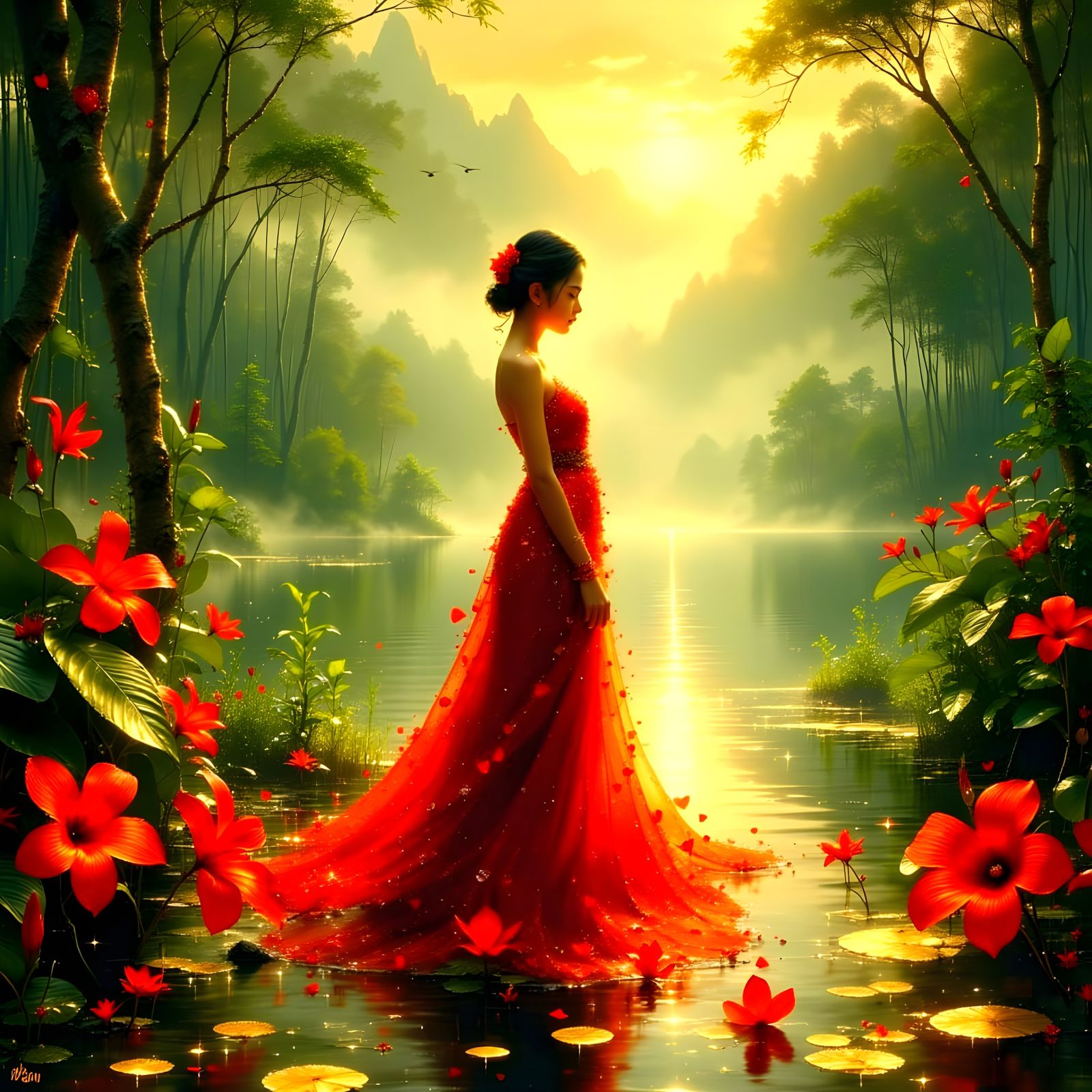 Thai Goddess in Vibrant Tropical Oasis