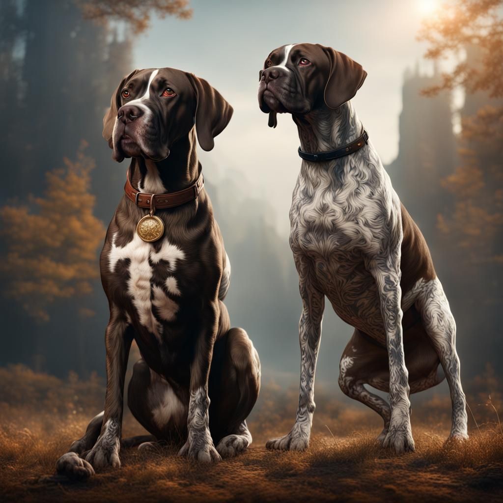 German Shorthair Pointer and Boxer Standing Together in Vibr...