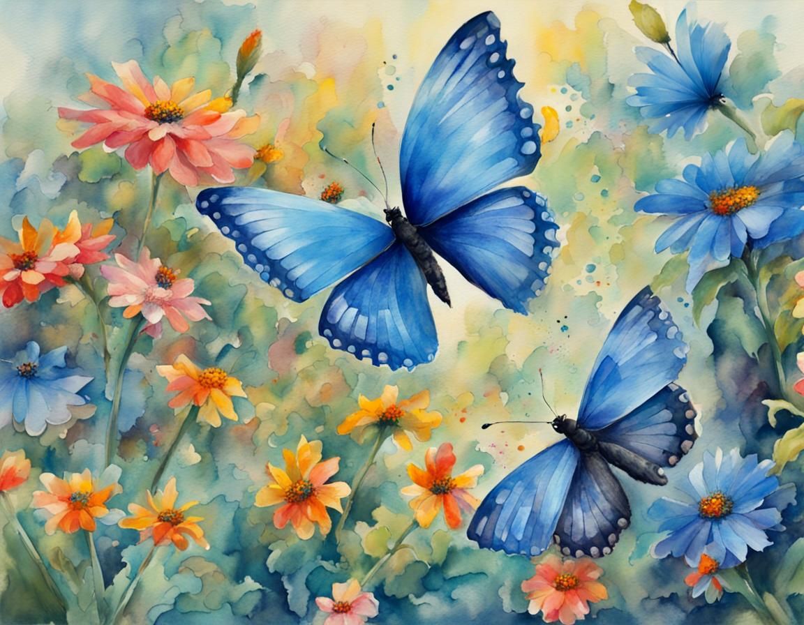 Surrealist Painting of Blue Butterflies in a Vibrant Garden