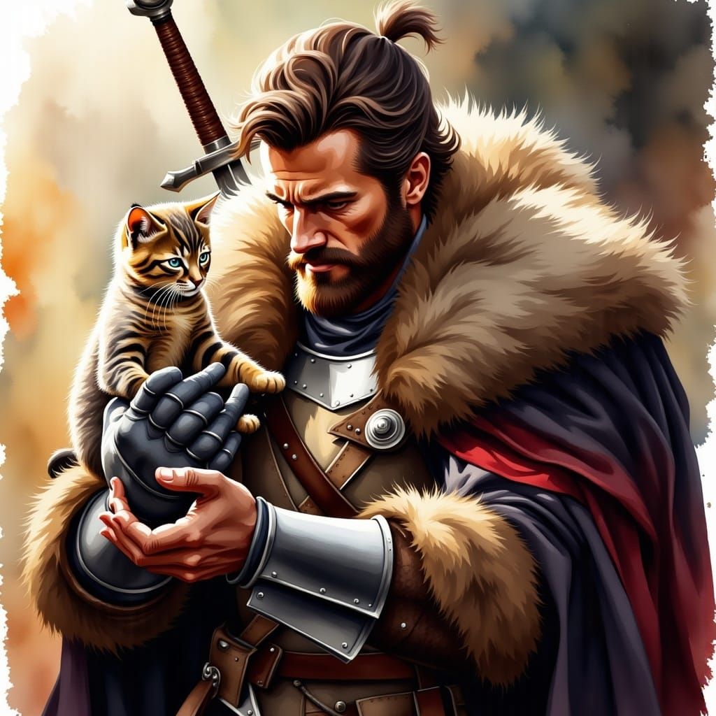 Handsome Paladin Holds Adorable Kitten in Gentle Embrace