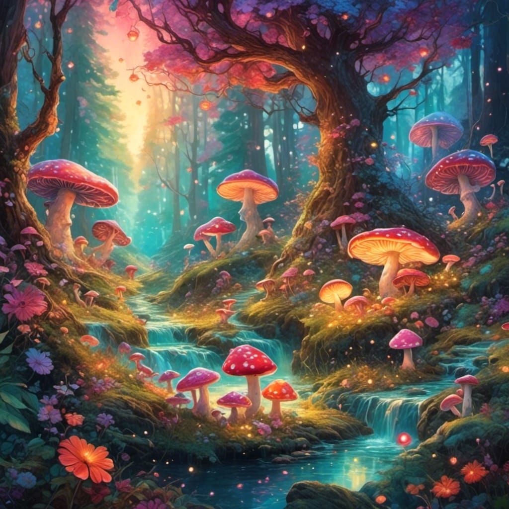 Whimsical Mushroom Forest in Vibrant Colors
