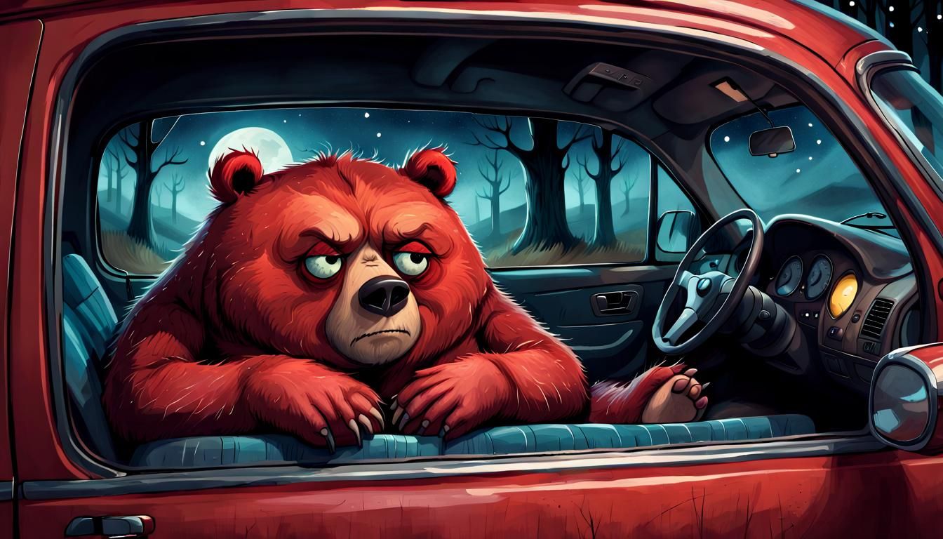 Sleepy Red Bear Looks Out the Car Window with Discontented E...