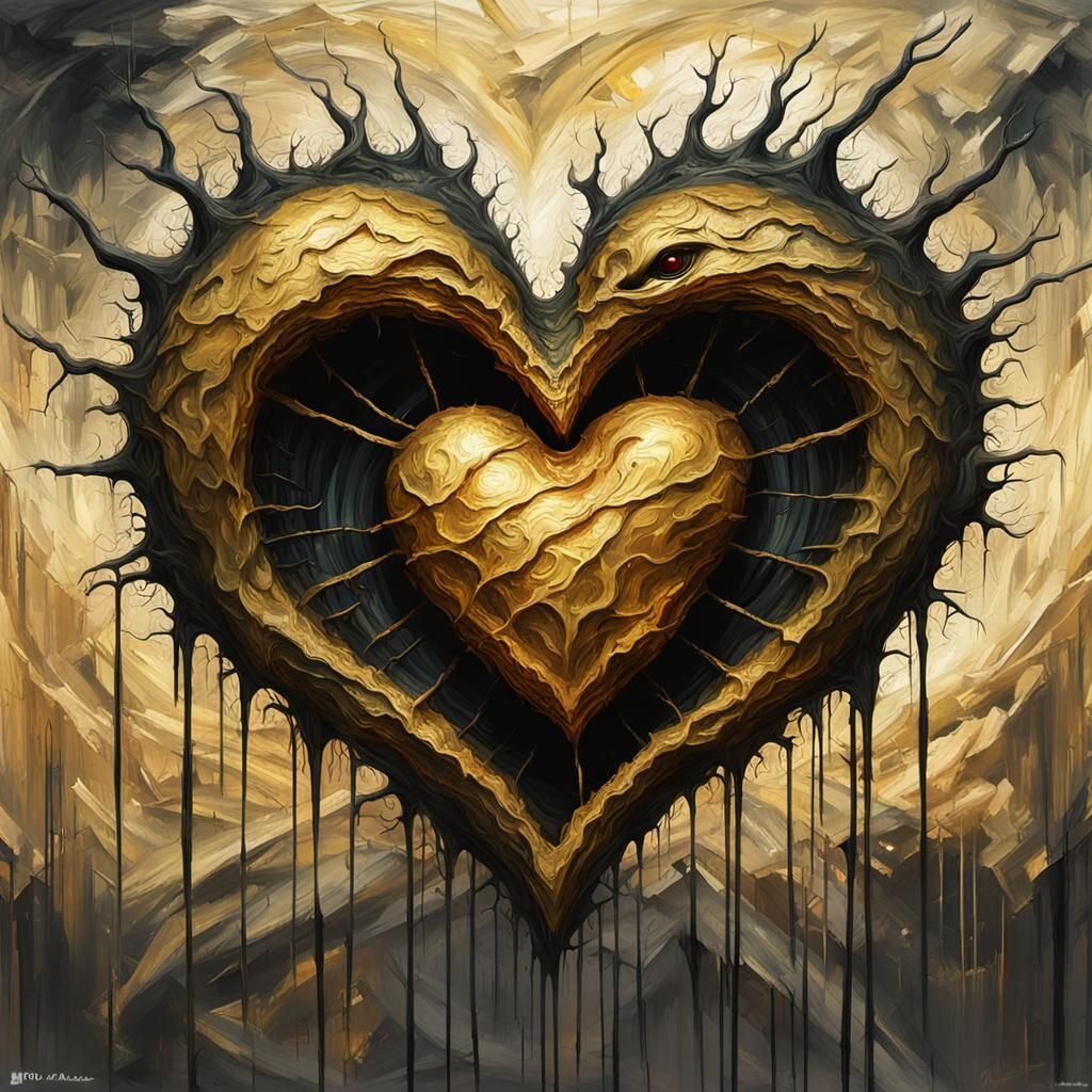 Grotesque Gothic Masterpiece: Decaying Gold Heart with Canni...
