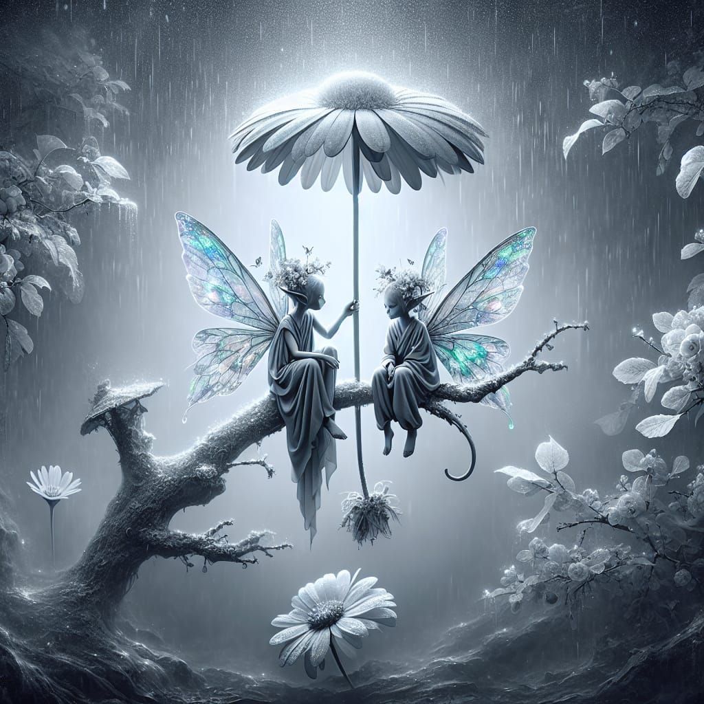 Mystical Fairies Amidst Rainy Apple Tree