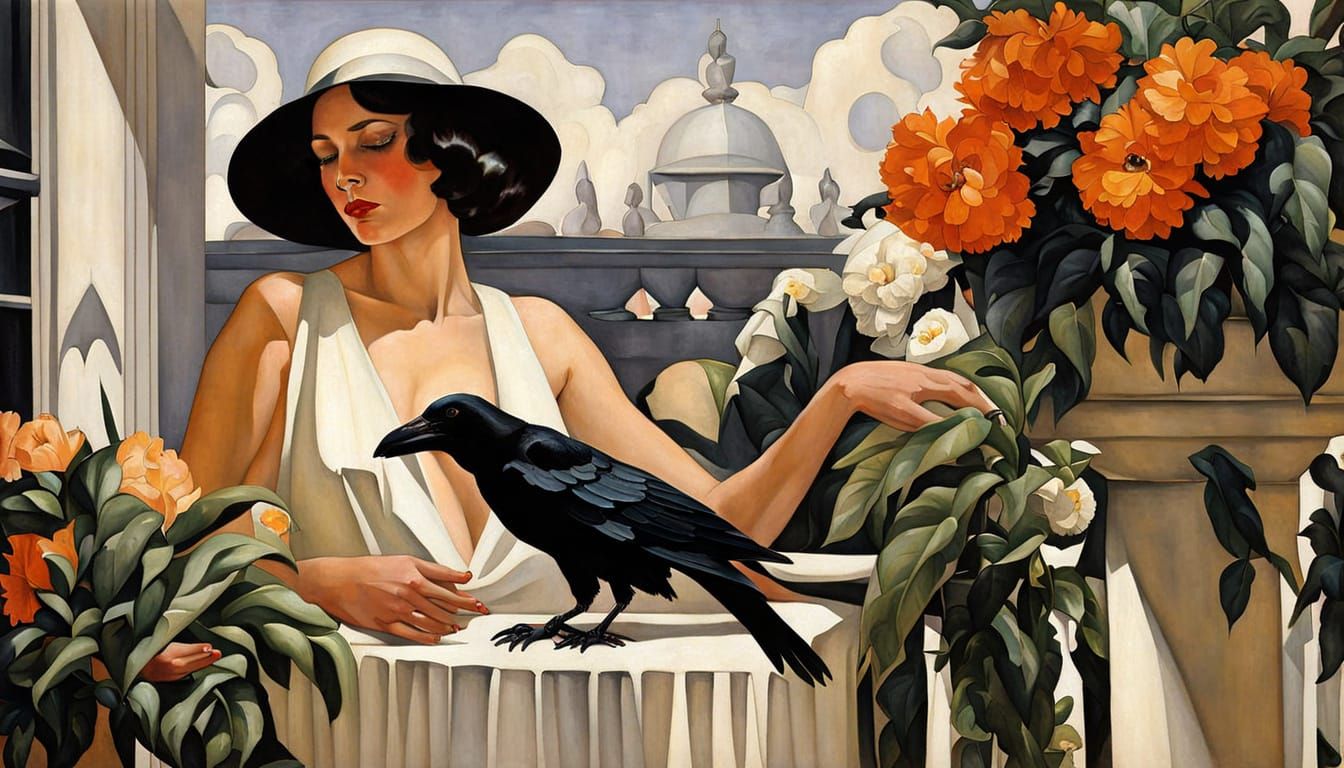Art Deco Raven on Balcony Painting