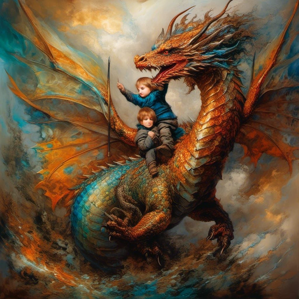 Boy Rides a Majestic Dragon in Vibrant Fine Art Style