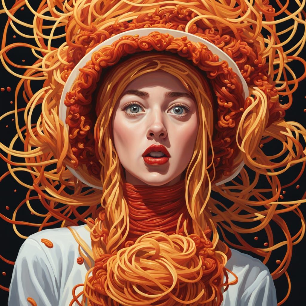 Surreal Woman With Spaghetti Bonnet in Whimsical Food Art
