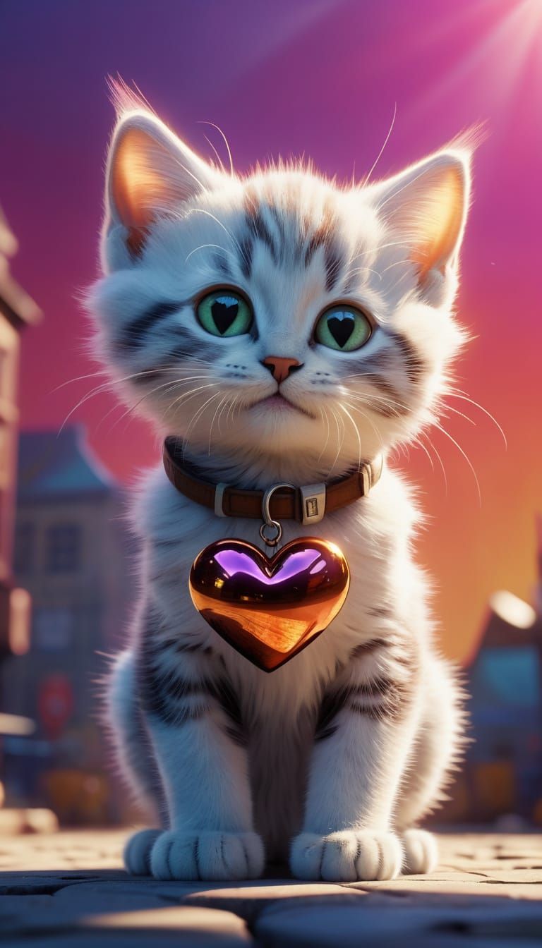 Whimsical Kitten with Radiant Heart
