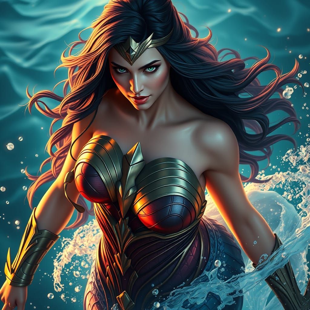 Wonder Woman as a Mythical Mermaid in Vibrant Fantasy