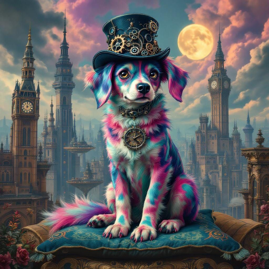 Steampunk Dog in Surreal Cityscape, as Digital Art