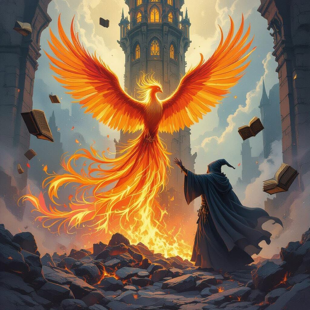 Phoenix Rising in Wizard's Tower, Dreamy Watercolor Style