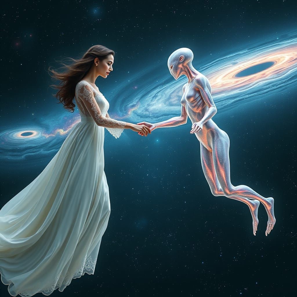 Celestial Handshake: Woman and Alien in Space