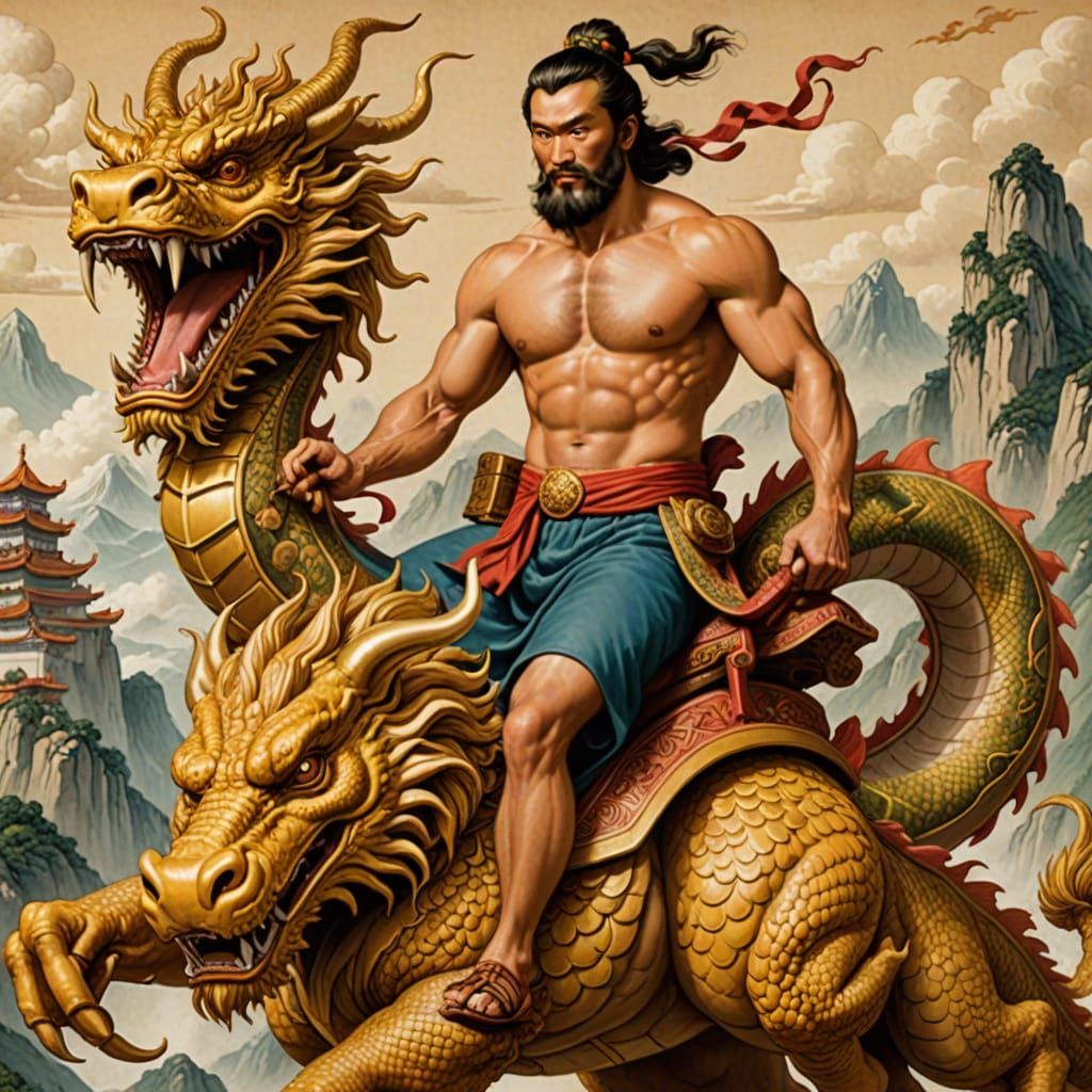 Beefcake shirtless explorer Marco Polo riding a two-headed C...