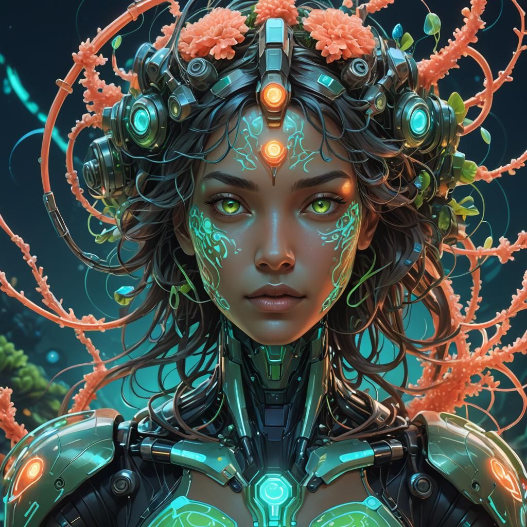 Cyberpunk Robots Emerging from Azure Green Coral Reef in Neo...