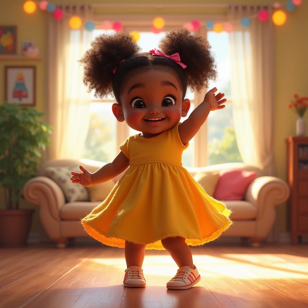 Joyful Black Girl Dancing in Vibrant Living Room