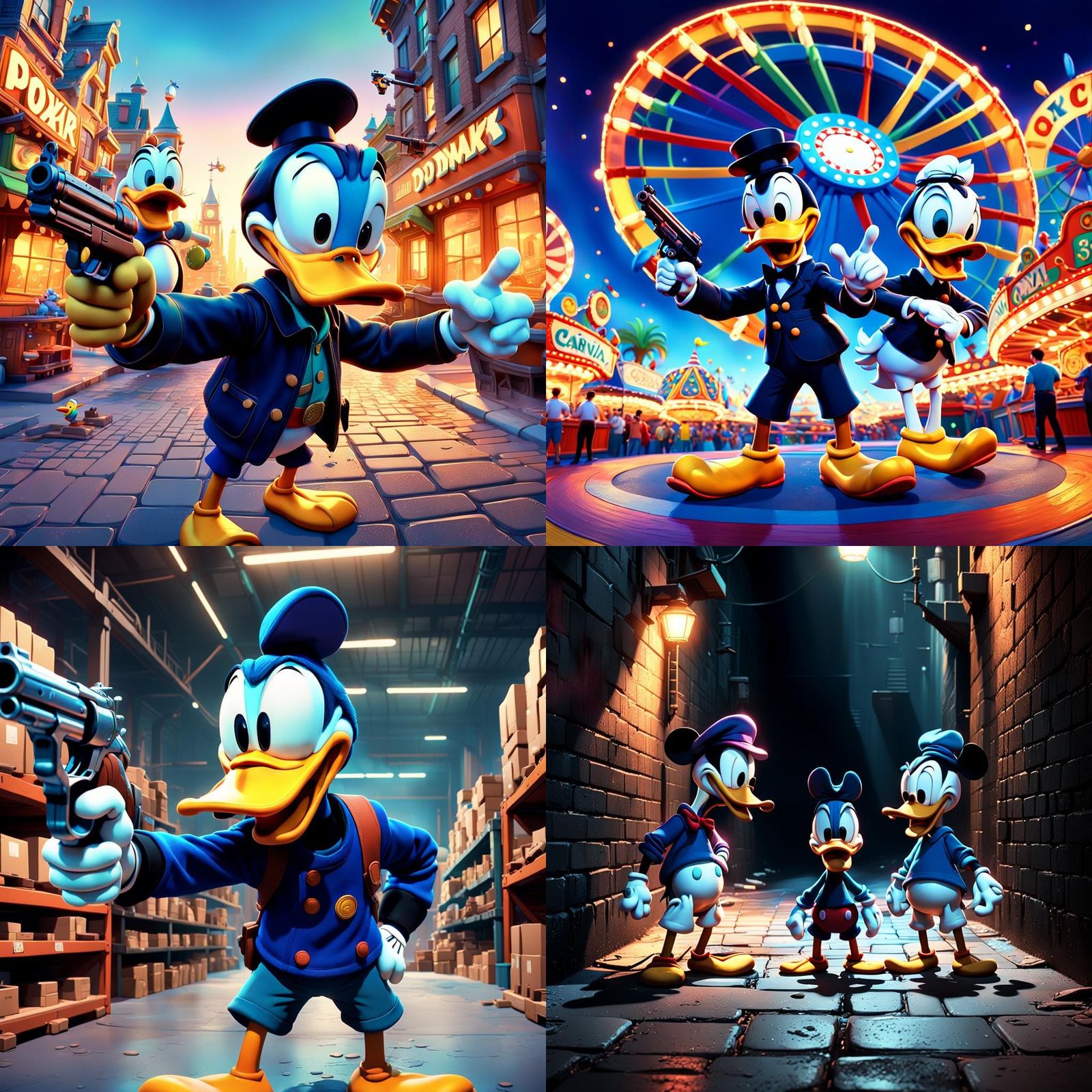Goofy Holds a Gun at Donald Duck in a Vibrant Disney-Inspire...