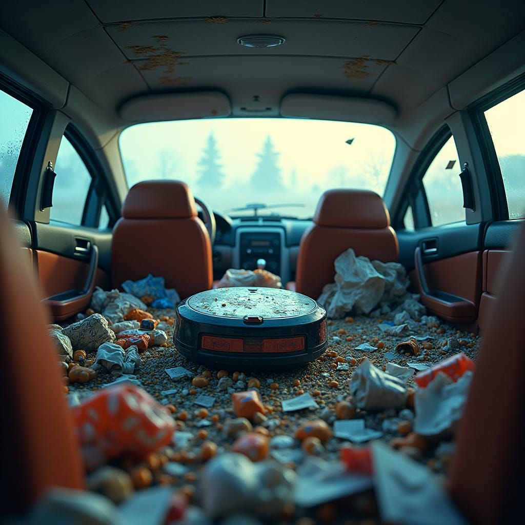 Cluttered Car Interior with Robot Vacuum in Futuristic Style
