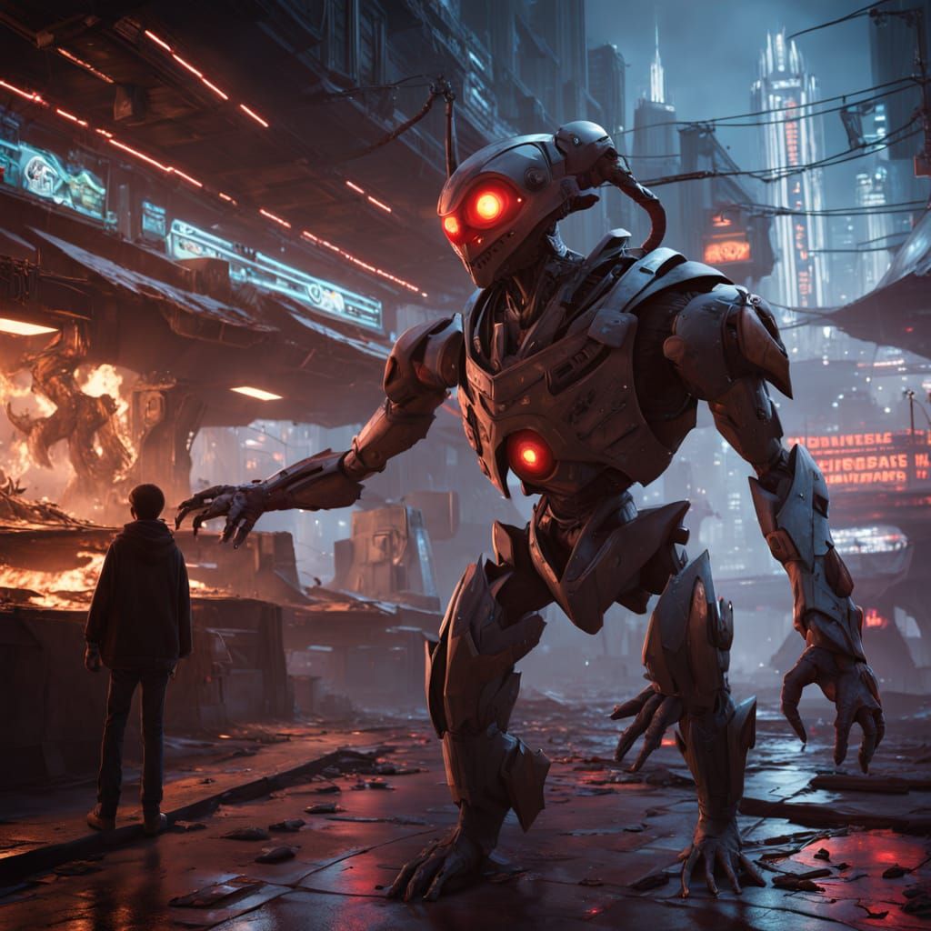 Cyberpunk Pizza Robot Monster Attack