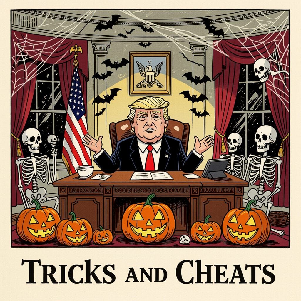 political cartoon showing a caricature of a Trump behind his...