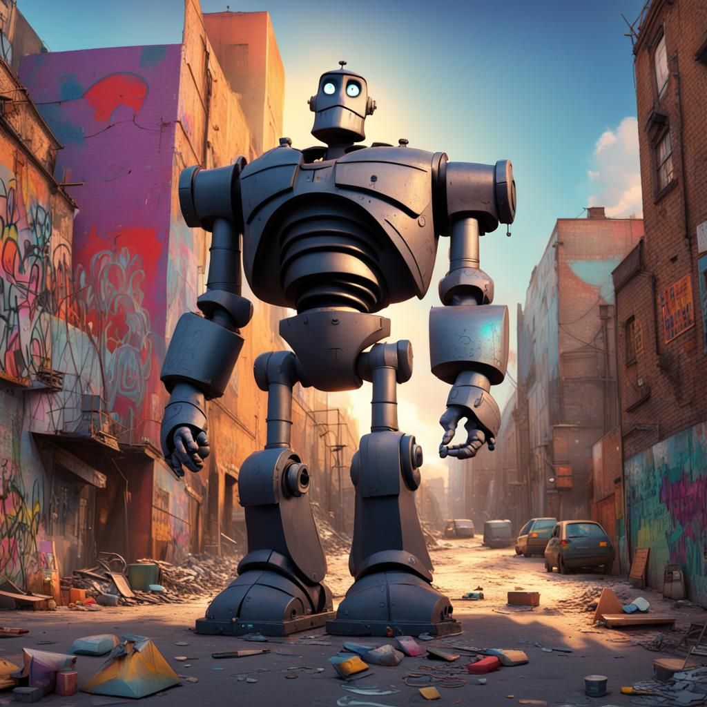 The Iron Giant covered in graffiti