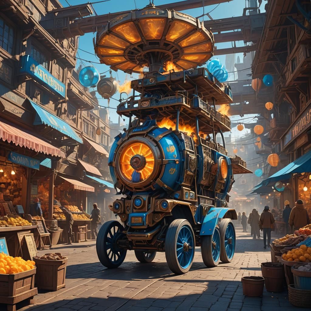 Cyberpunk Marketplace Speeder Rides Through Vibrant Bazaar