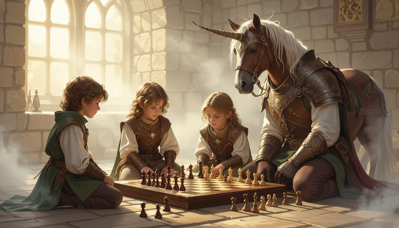 Children and Centaur Play Chess in Stone Room