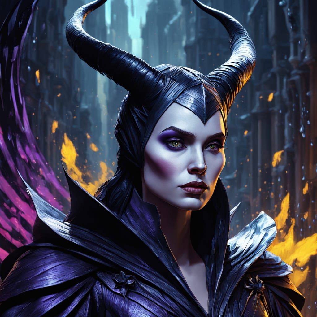Maleficent's Distorted Reflection in Dark Fantasy Art Style