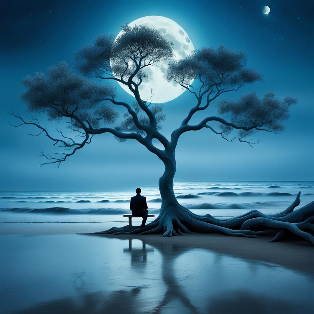 Surrealist Masterpiece with Tranquil Moonlit Beach Scene