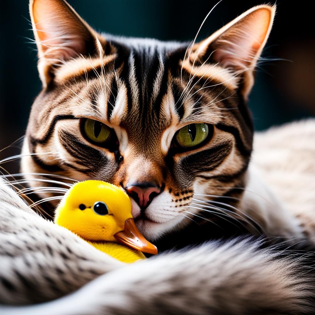 Whimsical Feline and Avian Bond in Cuddles