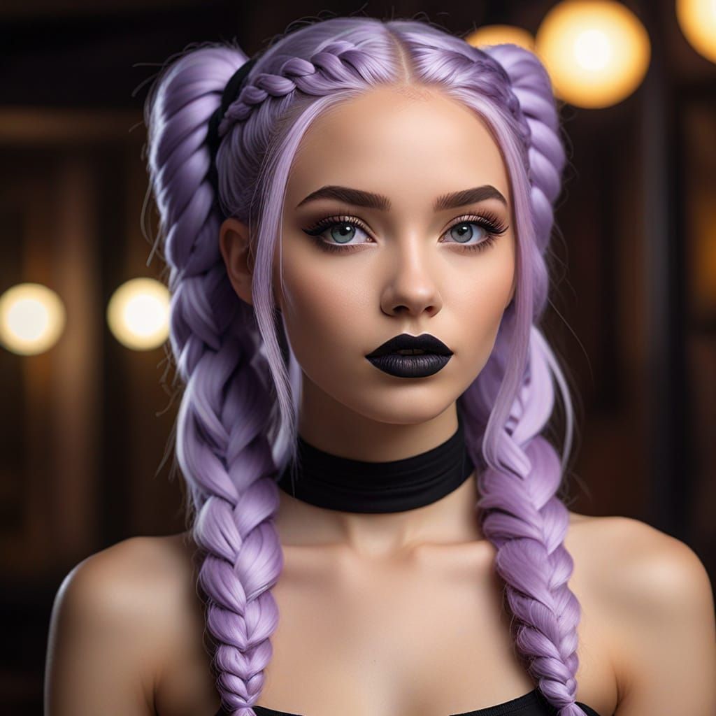 Glamorous Woman with Pastel Purple Braids in Neon Light
