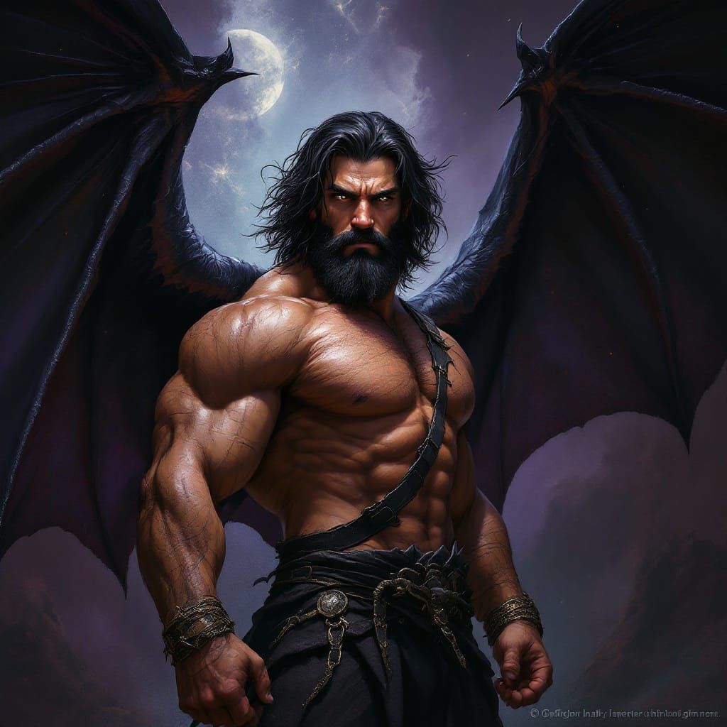 Mighty Dark Fantasy Warrior with Majestic Black Bat Wings