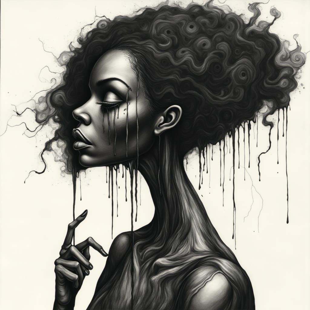 Surreal Black Woman Silhouette Dripping Ink