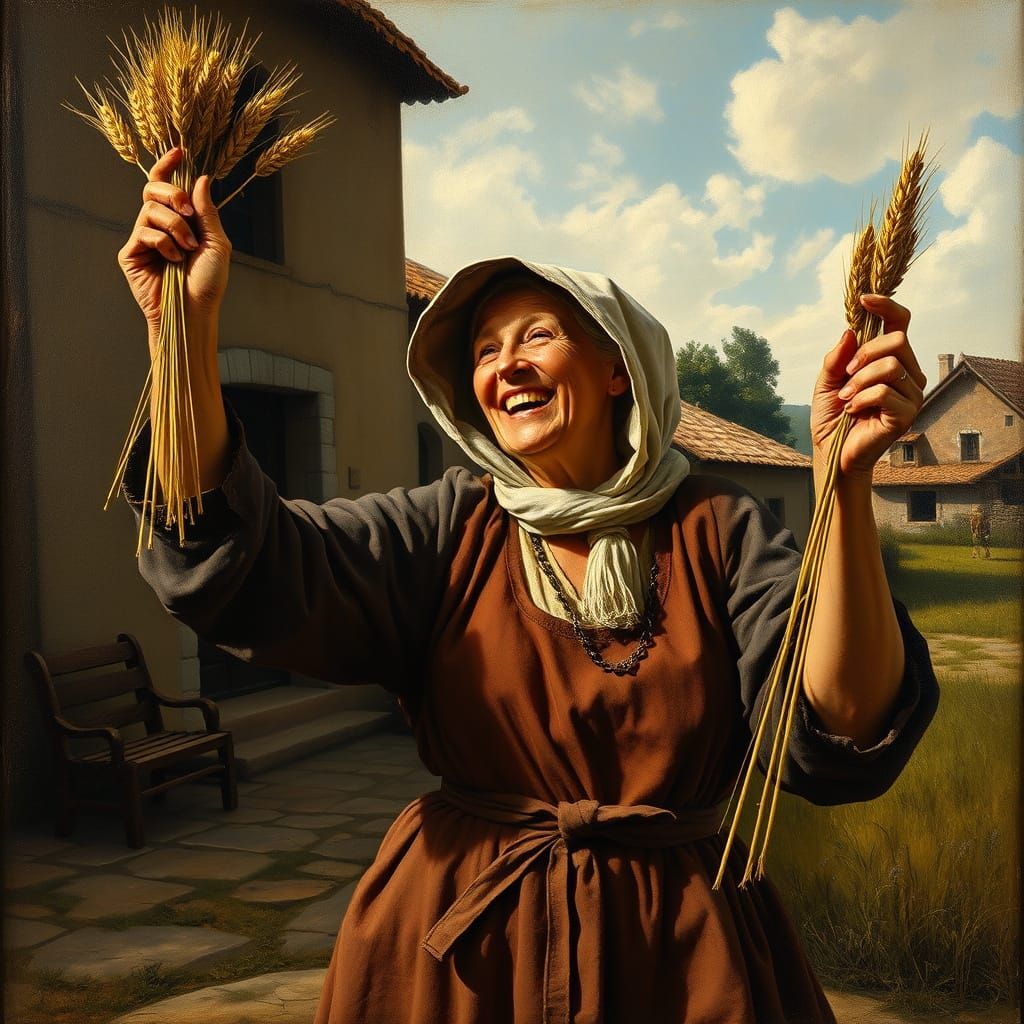A Peasant Woman Waves Wheat in a Sunny Countryside Scene
