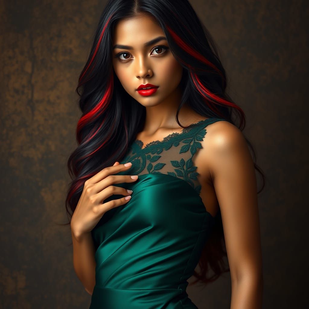 Indonesian Beauty in Emerald Gown with Flowing Hair