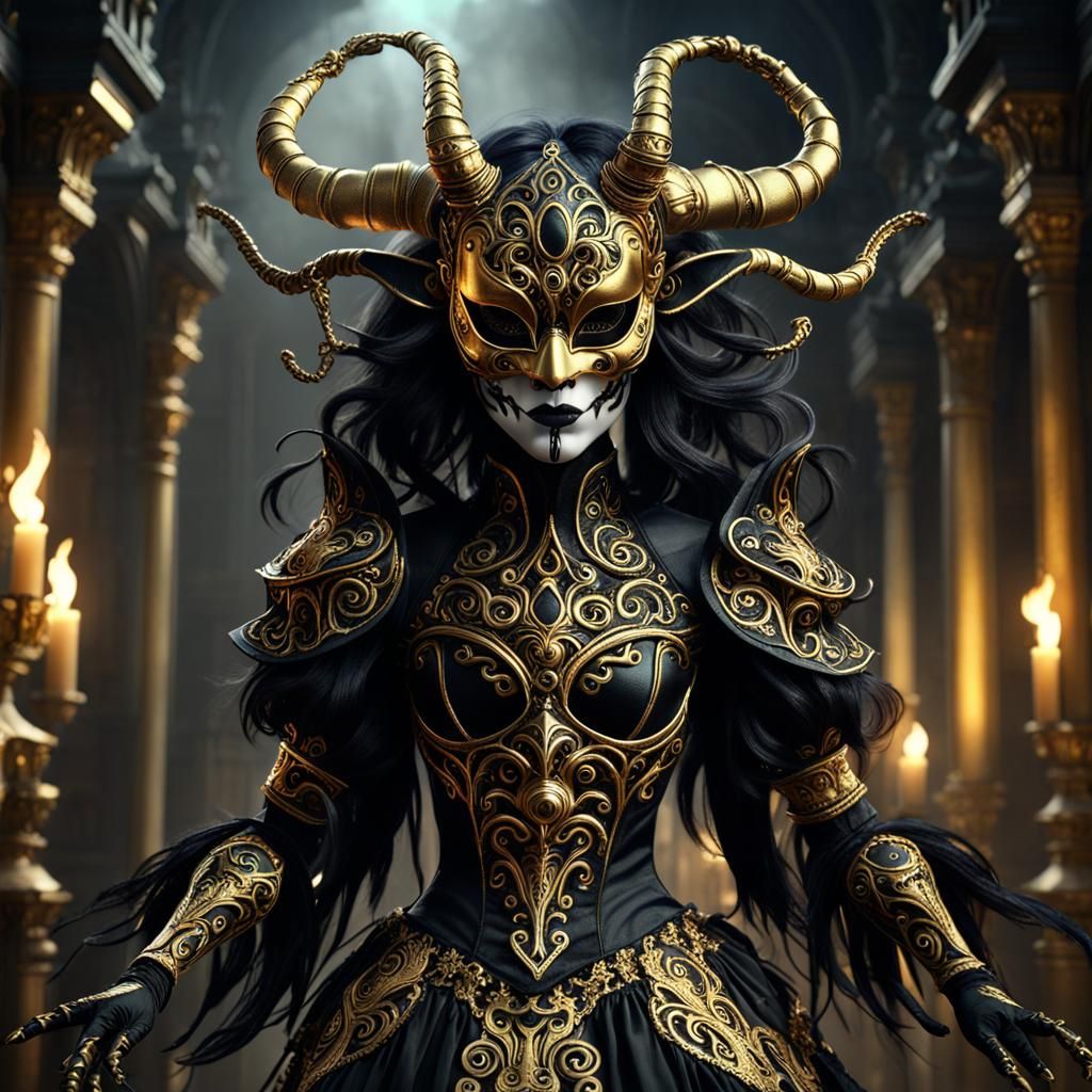 Ethereal Shadow Demon Marionette in Splendid Gold and Black...