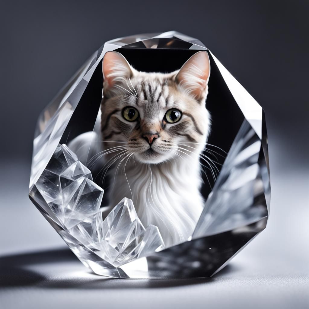 Surreal Hyperrealistic Crystal World with Hidden Feline