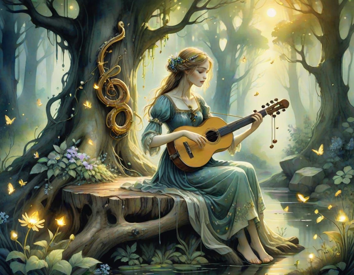 Enchanted Forest Siren in Whimsical Watercolor Style