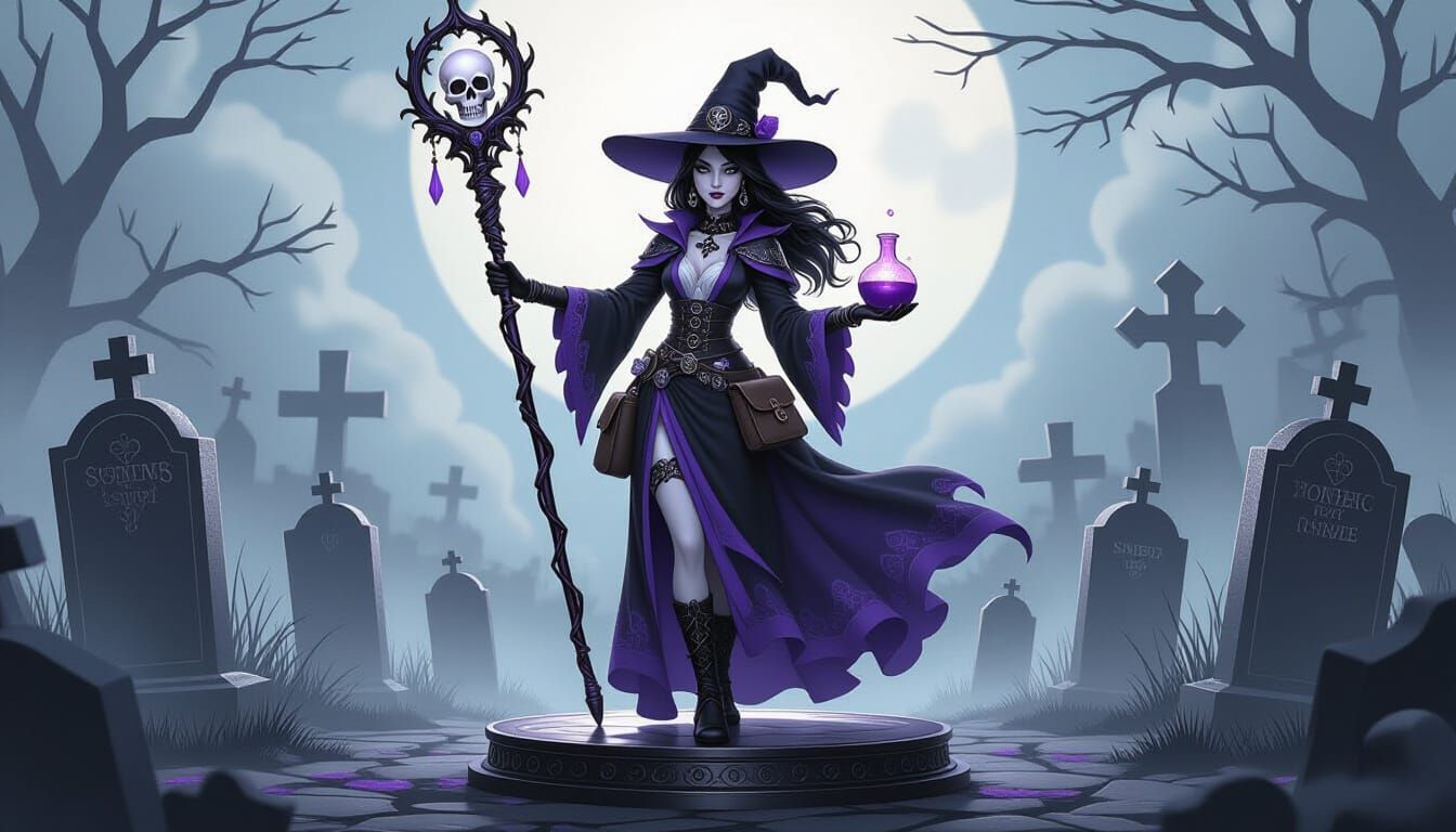 Onyx Witch with Skull Staff and Potion Satchel