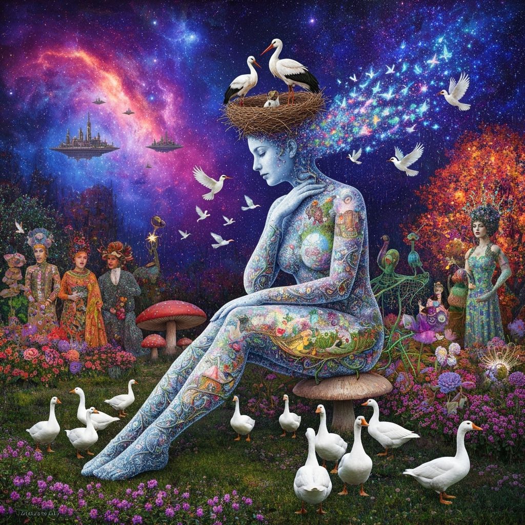 Ethereal Woman Transforms into Birds Amidst Cosmic Energy