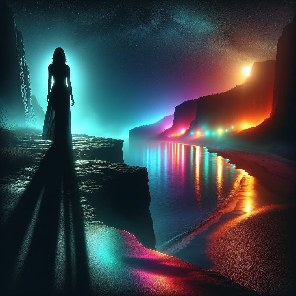 Mysterious Woman Silhouetted by Vibrant Night Lights