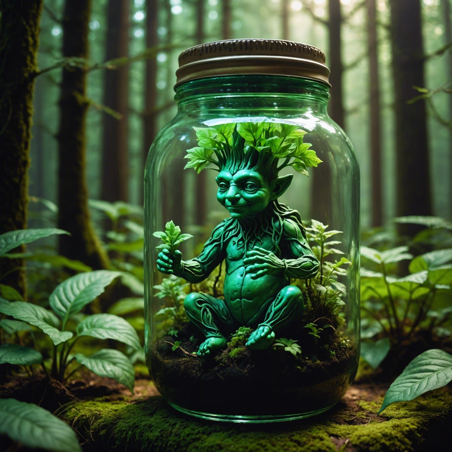 Mystical Mandragora Bloom in a Jar Amidst an Enchanted Fores...